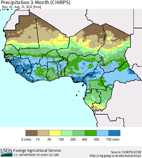 Western Africa Precipitation 3-Month (CHIRPS) Thematic Map For 5/16/2021 - 8/15/2021
