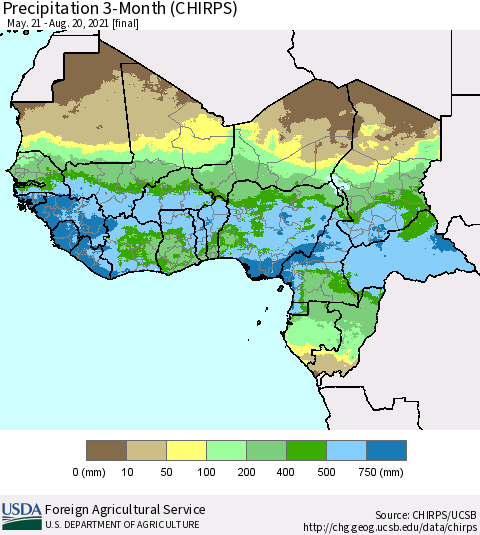 Western Africa Precipitation 3-Month (CHIRPS) Thematic Map For 5/21/2021 - 8/20/2021