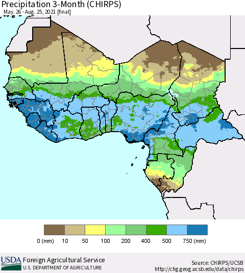 Western Africa Precipitation 3-Month (CHIRPS) Thematic Map For 5/26/2021 - 8/25/2021