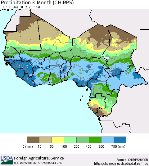 Western Africa Precipitation 3-Month (CHIRPS) Thematic Map For 6/1/2021 - 8/31/2021