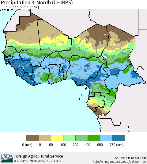 Western Africa Precipitation 3-Month (CHIRPS) Thematic Map For 6/6/2021 - 9/5/2021