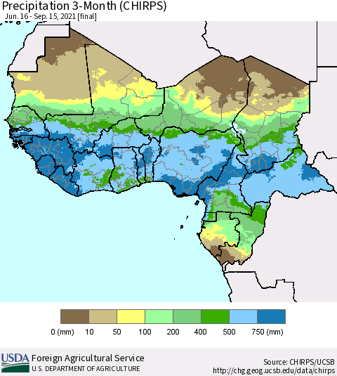 Western Africa Precipitation 3-Month (CHIRPS) Thematic Map For 6/16/2021 - 9/15/2021