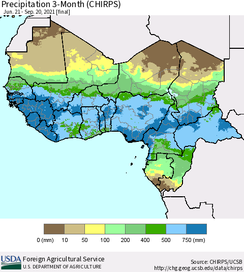 Western Africa Precipitation 3-Month (CHIRPS) Thematic Map For 6/21/2021 - 9/20/2021