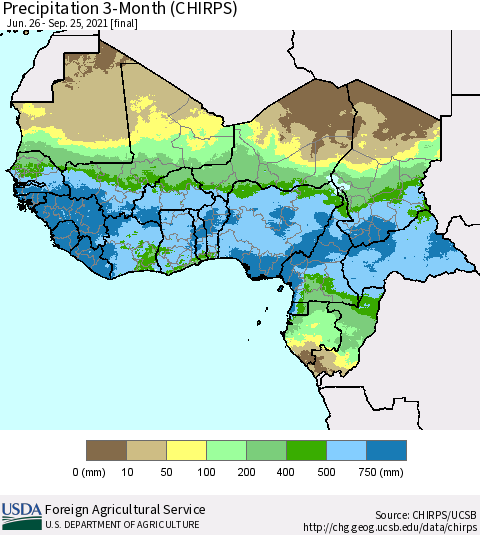 Western Africa Precipitation 3-Month (CHIRPS) Thematic Map For 6/26/2021 - 9/25/2021
