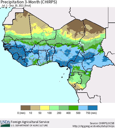 Western Africa Precipitation 3-Month (CHIRPS) Thematic Map For 7/1/2021 - 9/30/2021