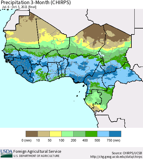 Western Africa Precipitation 3-Month (CHIRPS) Thematic Map For 7/6/2021 - 10/5/2021