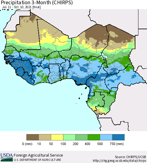 Western Africa Precipitation 3-Month (CHIRPS) Thematic Map For 7/11/2021 - 10/10/2021
