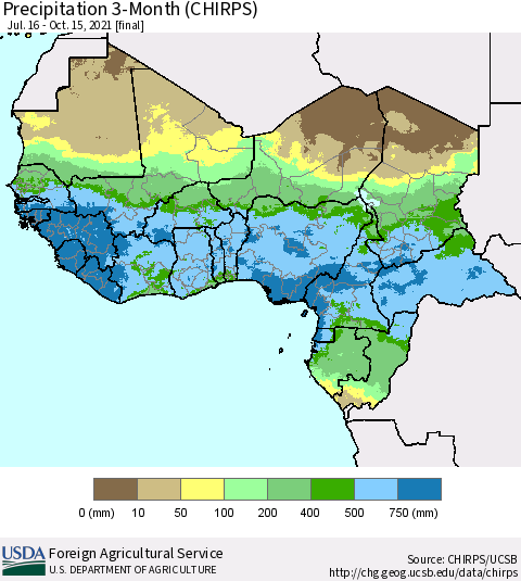 Western Africa Precipitation 3-Month (CHIRPS) Thematic Map For 7/16/2021 - 10/15/2021
