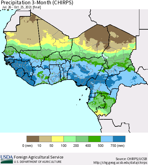 Western Africa Precipitation 3-Month (CHIRPS) Thematic Map For 7/26/2021 - 10/25/2021