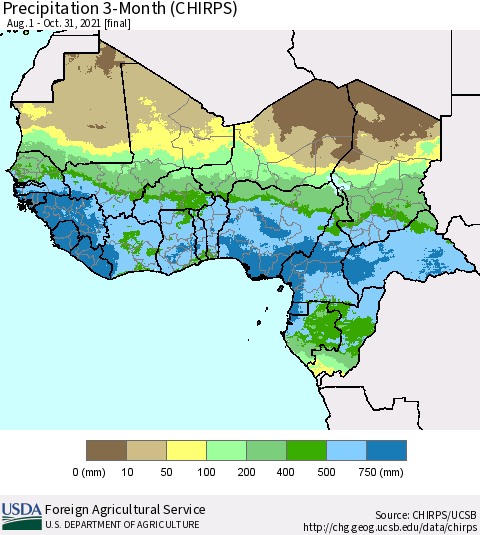 Western Africa Precipitation 3-Month (CHIRPS) Thematic Map For 8/1/2021 - 10/31/2021
