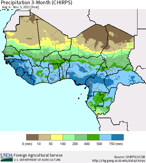 Western Africa Precipitation 3-Month (CHIRPS) Thematic Map For 8/6/2021 - 11/5/2021