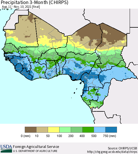 Western Africa Precipitation 3-Month (CHIRPS) Thematic Map For 8/11/2021 - 11/10/2021
