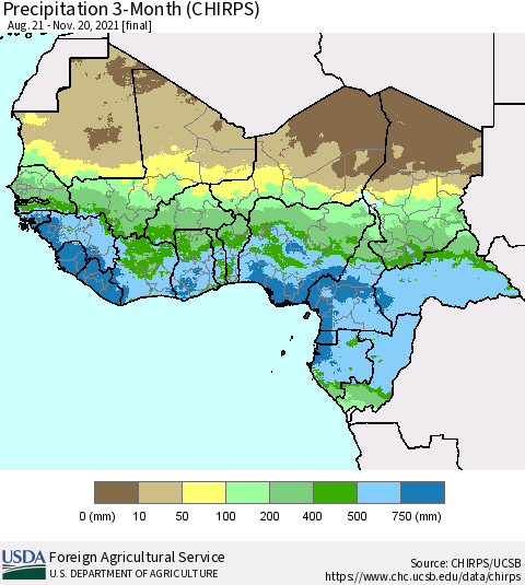 Western Africa Precipitation 3-Month (CHIRPS) Thematic Map For 8/21/2021 - 11/20/2021