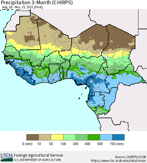 Western Africa Precipitation 3-Month (CHIRPS) Thematic Map For 8/26/2021 - 11/25/2021