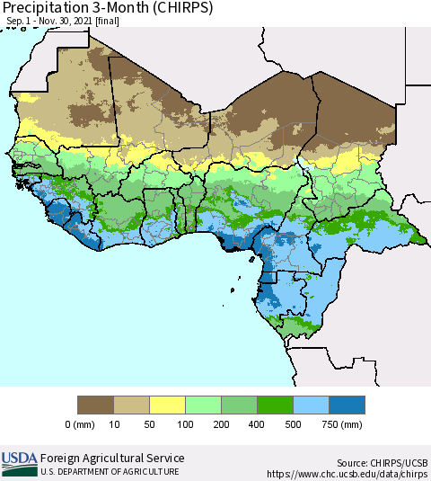 Western Africa Precipitation 3-Month (CHIRPS) Thematic Map For 9/1/2021 - 11/30/2021