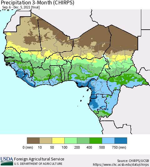 Western Africa Precipitation 3-Month (CHIRPS) Thematic Map For 9/6/2021 - 12/5/2021