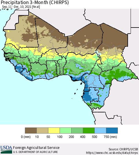 Western Africa Precipitation 3-Month (CHIRPS) Thematic Map For 9/11/2021 - 12/10/2021