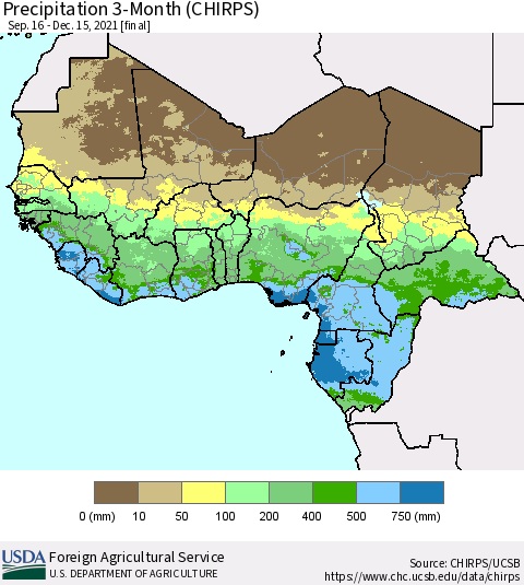 Western Africa Precipitation 3-Month (CHIRPS) Thematic Map For 9/16/2021 - 12/15/2021