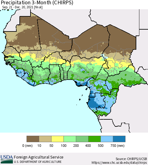 Western Africa Precipitation 3-Month (CHIRPS) Thematic Map For 9/21/2021 - 12/20/2021