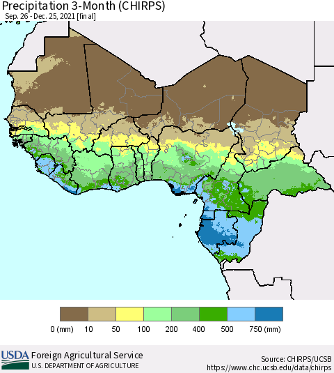 Western Africa Precipitation 3-Month (CHIRPS) Thematic Map For 9/26/2021 - 12/25/2021