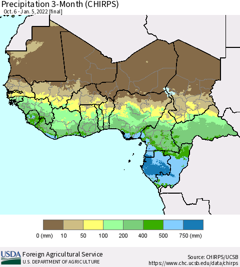 Western Africa Precipitation 3-Month (CHIRPS) Thematic Map For 10/6/2021 - 1/5/2022