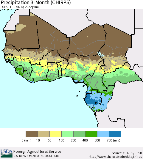 Western Africa Precipitation 3-Month (CHIRPS) Thematic Map For 10/11/2021 - 1/10/2022