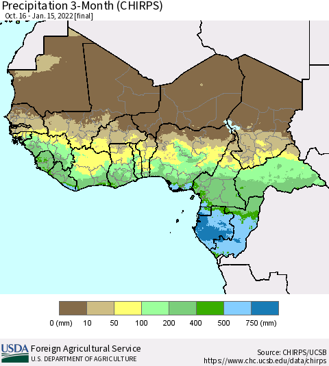 Western Africa Precipitation 3-Month (CHIRPS) Thematic Map For 10/16/2021 - 1/15/2022