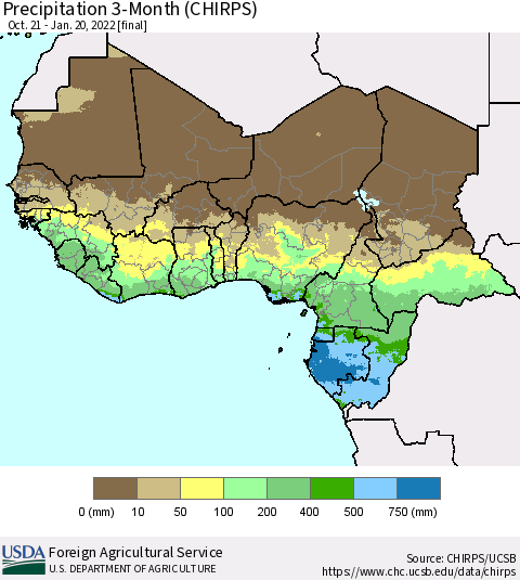 Western Africa Precipitation 3-Month (CHIRPS) Thematic Map For 10/21/2021 - 1/20/2022