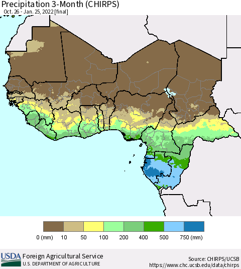 Western Africa Precipitation 3-Month (CHIRPS) Thematic Map For 10/26/2021 - 1/25/2022