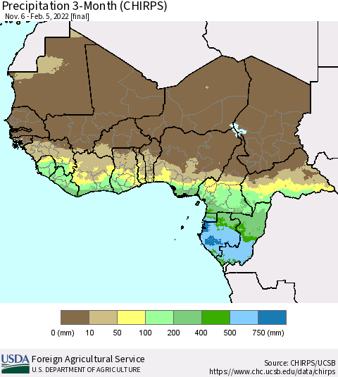 Western Africa Precipitation 3-Month (CHIRPS) Thematic Map For 11/6/2021 - 2/5/2022