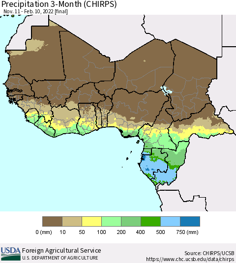 Western Africa Precipitation 3-Month (CHIRPS) Thematic Map For 11/11/2021 - 2/10/2022