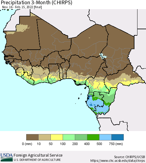 Western Africa Precipitation 3-Month (CHIRPS) Thematic Map For 11/16/2021 - 2/15/2022