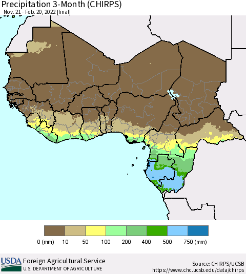 Western Africa Precipitation 3-Month (CHIRPS) Thematic Map For 11/21/2021 - 2/20/2022