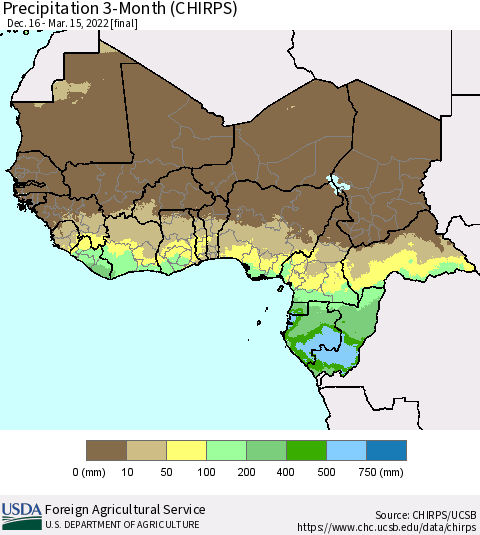 Western Africa Precipitation 3-Month (CHIRPS) Thematic Map For 12/16/2021 - 3/15/2022