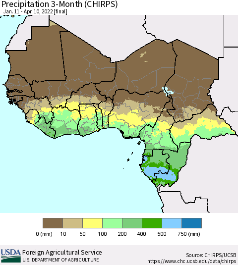 Western Africa Precipitation 3-Month (CHIRPS) Thematic Map For 1/11/2022 - 4/10/2022