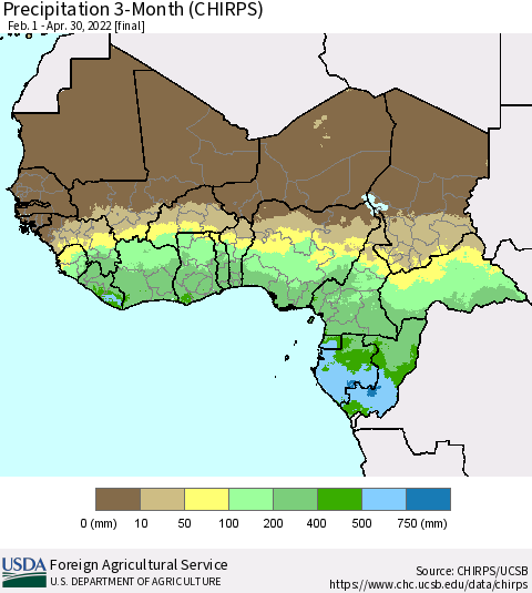 Western Africa Precipitation 3-Month (CHIRPS) Thematic Map For 2/1/2022 - 4/30/2022