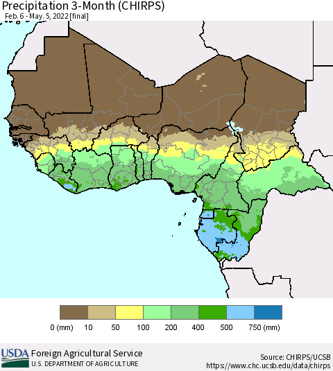 Western Africa Precipitation 3-Month (CHIRPS) Thematic Map For 2/6/2022 - 5/5/2022