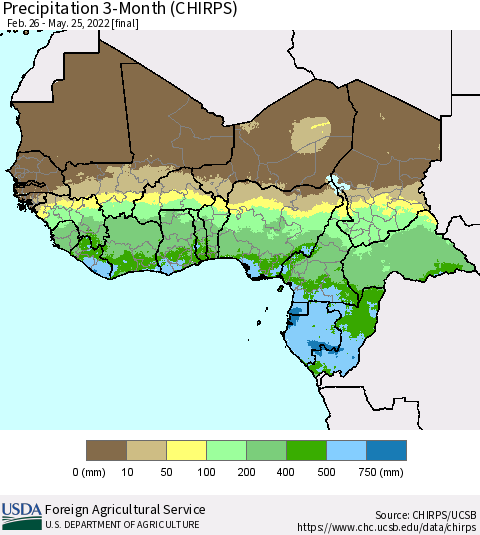 Western Africa Precipitation 3-Month (CHIRPS) Thematic Map For 2/26/2022 - 5/25/2022