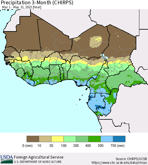 Western Africa Precipitation 3-Month (CHIRPS) Thematic Map For 3/1/2022 - 5/31/2022