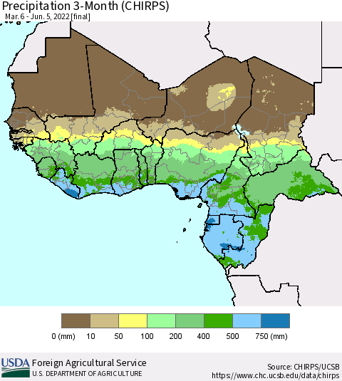 Western Africa Precipitation 3-Month (CHIRPS) Thematic Map For 3/6/2022 - 6/5/2022