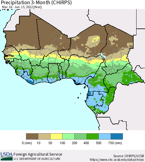 Western Africa Precipitation 3-Month (CHIRPS) Thematic Map For 3/16/2022 - 6/15/2022
