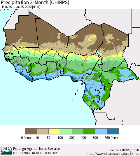 Western Africa Precipitation 3-Month (CHIRPS) Thematic Map For 3/26/2022 - 6/25/2022