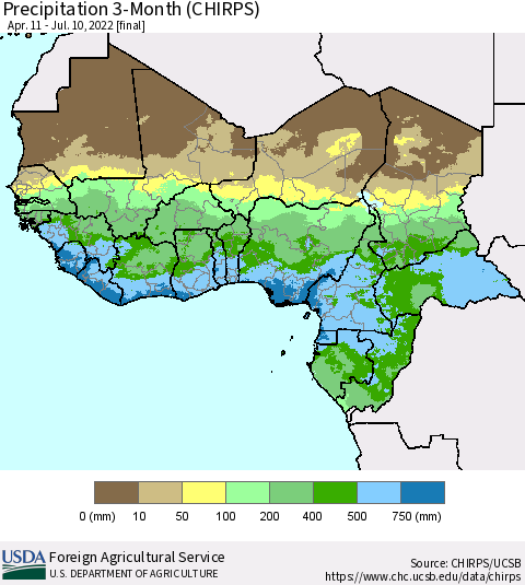 Western Africa Precipitation 3-Month (CHIRPS) Thematic Map For 4/11/2022 - 7/10/2022