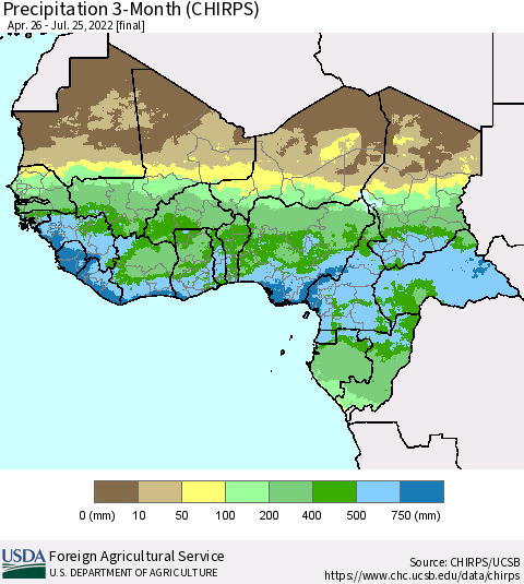 Western Africa Precipitation 3-Month (CHIRPS) Thematic Map For 4/26/2022 - 7/25/2022