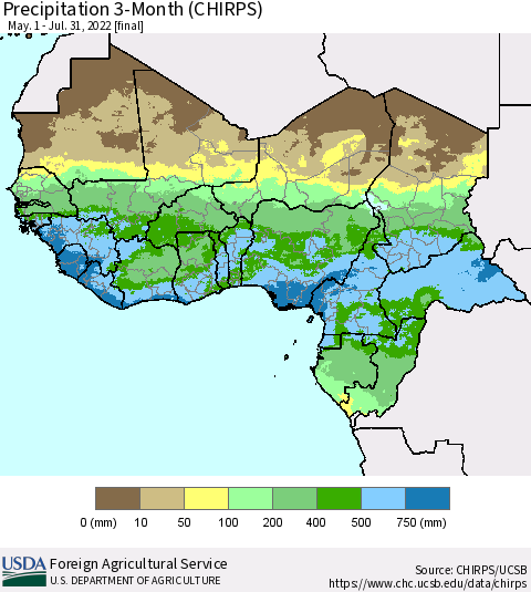 Western Africa Precipitation 3-Month (CHIRPS) Thematic Map For 5/1/2022 - 7/31/2022