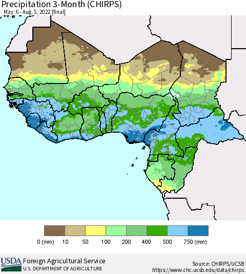 Western Africa Precipitation 3-Month (CHIRPS) Thematic Map For 5/6/2022 - 8/5/2022