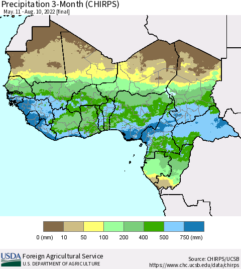 Western Africa Precipitation 3-Month (CHIRPS) Thematic Map For 5/11/2022 - 8/10/2022