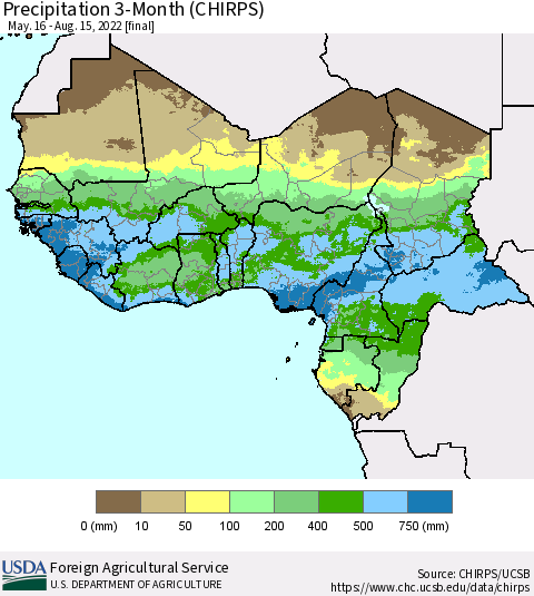 Western Africa Precipitation 3-Month (CHIRPS) Thematic Map For 5/16/2022 - 8/15/2022