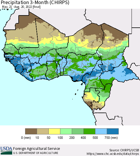 Western Africa Precipitation 3-Month (CHIRPS) Thematic Map For 5/21/2022 - 8/20/2022