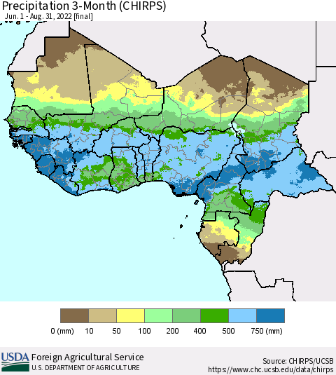 Western Africa Precipitation 3-Month (CHIRPS) Thematic Map For 6/1/2022 - 8/31/2022